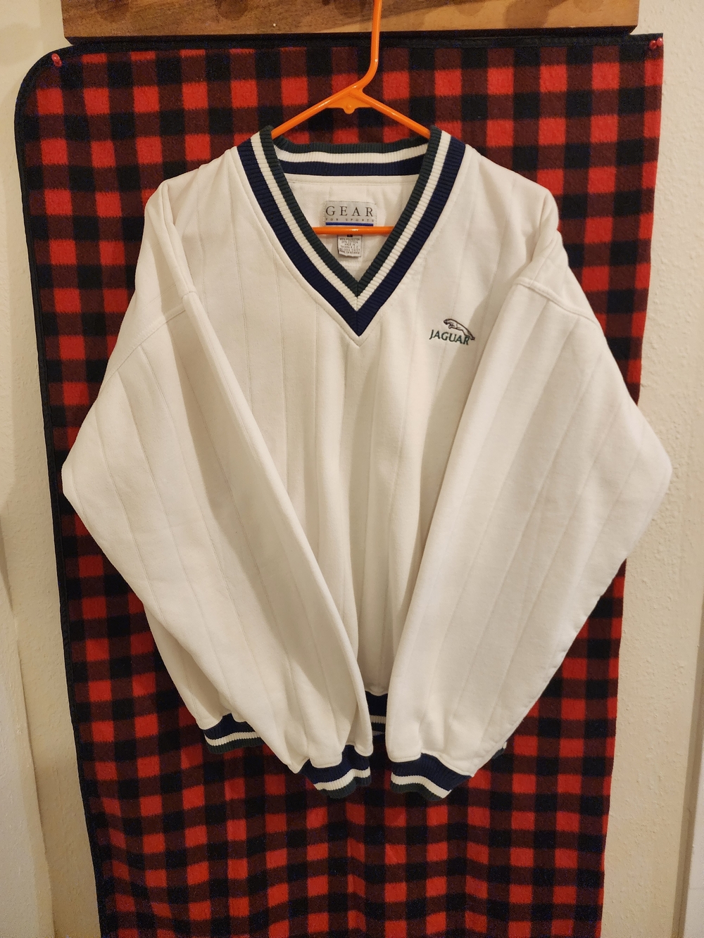 Gear For Sports Men's White V-Neck Sweater with Navy Trim